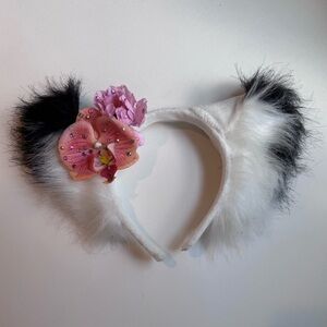 Fluffy Black and White Kitty Cat Ears with Pink Floral Accent